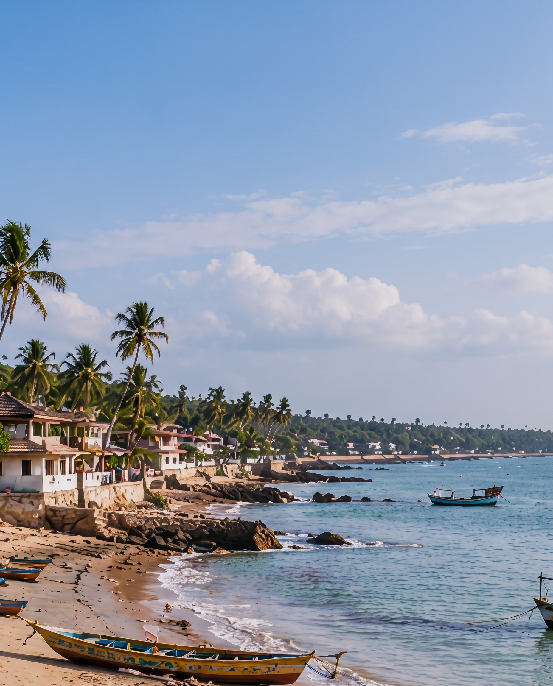 Coastal landscape with boats and palm trees